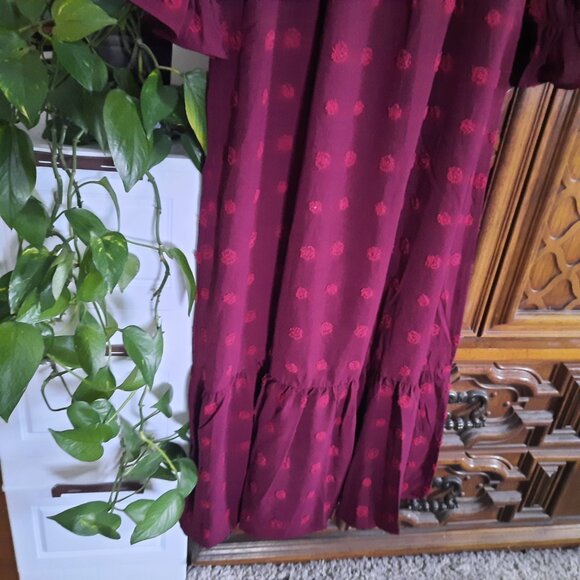 Button Down Smocked Swiss Dot Ruffle Tiered Boho Maxi Dress NWT! - Wine/Red, S - Picture 9 of 16